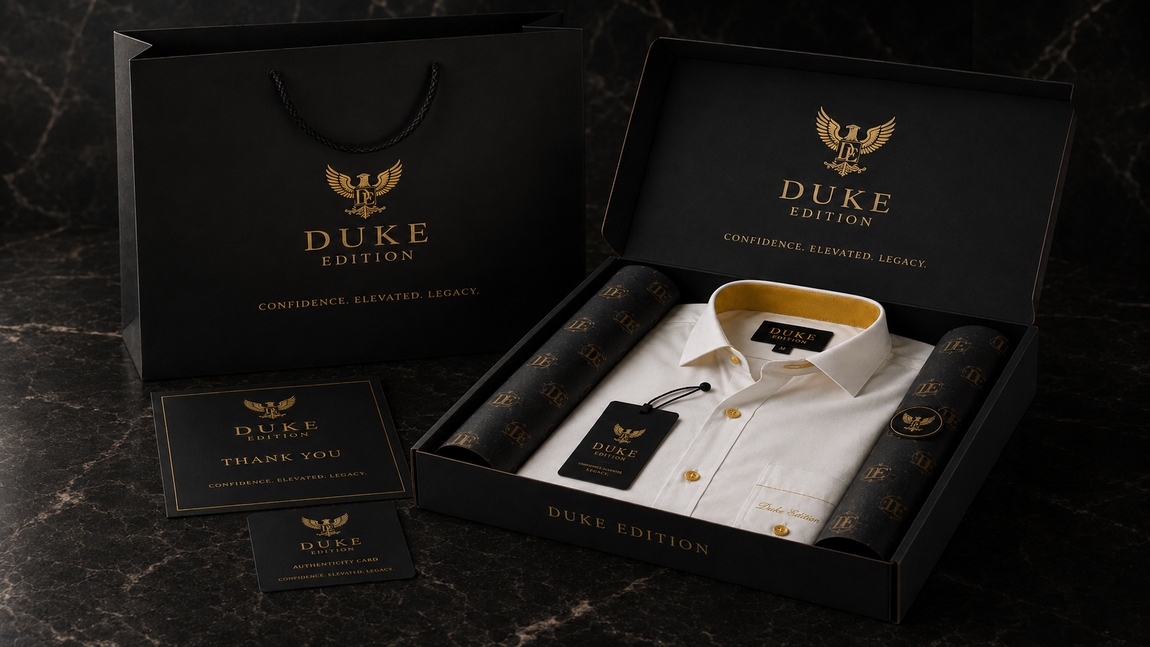 The full Duke Edition presentation — black box, gold emblem, shopping bag, authenticity card
